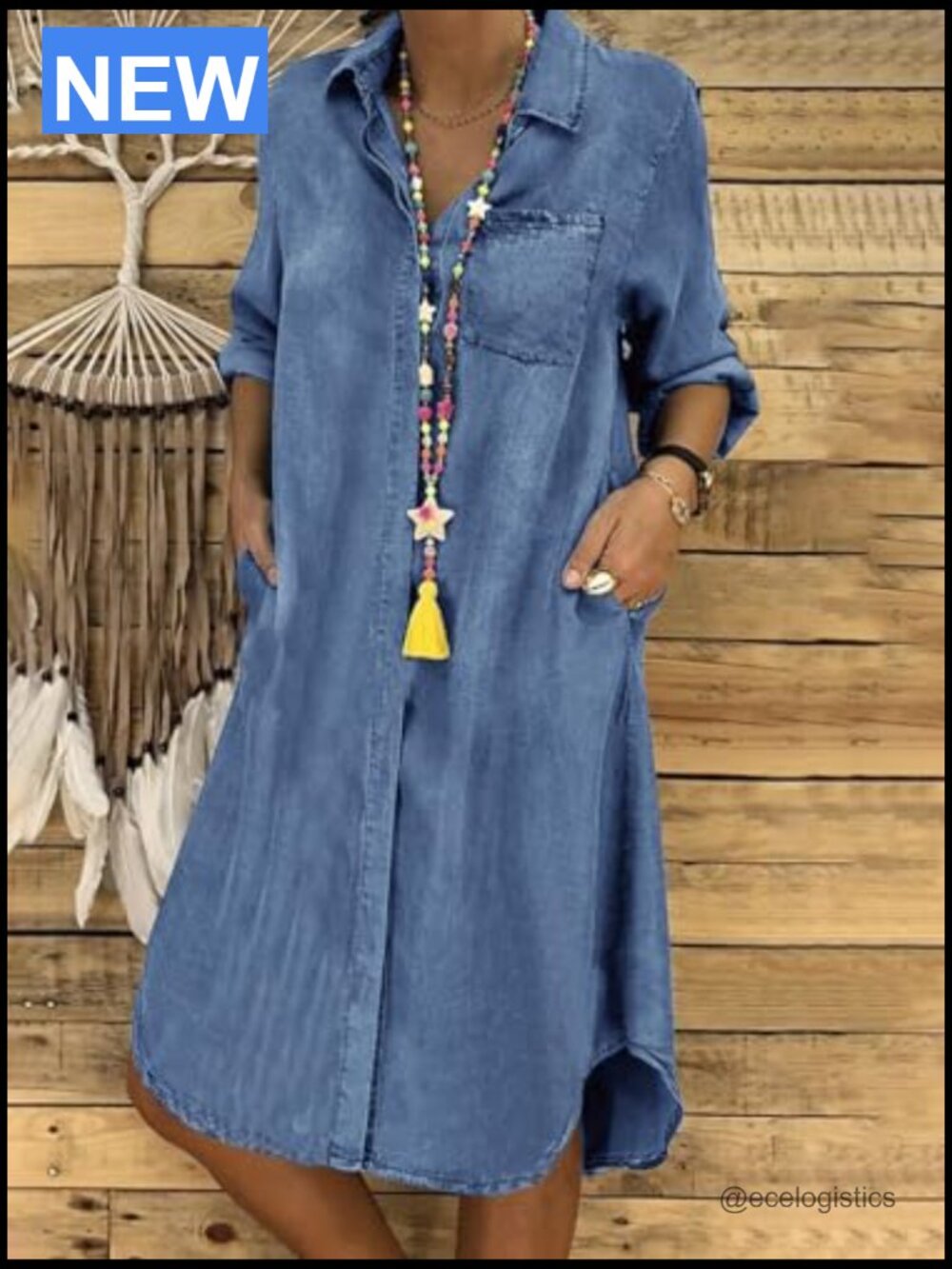 Casual Long Sleeve Button Down Jean Shirt Dress with Pockets Midi Swing - Picture 2 of 7